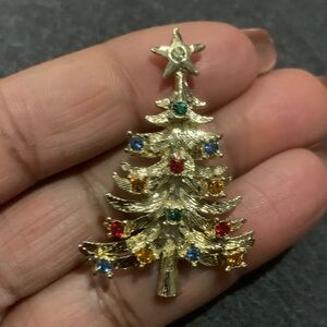 Gold Christmas Tree Brooch with Multicolour Accents